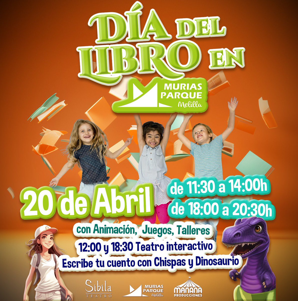 Parque Melilla (@parquemelilla) on Twitter photo ¡El 20 de Abril de 11:30 a 14:00h, y de 18:00 a 20:30h celebramos el Día del Libro en @parquemelilla de la mano de @sibilateatro! 
¡Los peques podrán participar en el Teatro interactivo “Escribe tu cuento con Chispas y Dinosaurio” de @manana_producciones  a las 12:00 y las 18:30! ¡El 20 de Abril de 11:30 a 14:00h, y de 18:00 a 20:30h celebramos el Día del Libro en @parquemelilla de la mano de @sibilateatro! 
¡Los peques podrán participar en el Teatro interactivo “Escribe tu cuento con Chispas y Dinosaurio” de @manana_producciones  a las 12:00 y las 18:30!