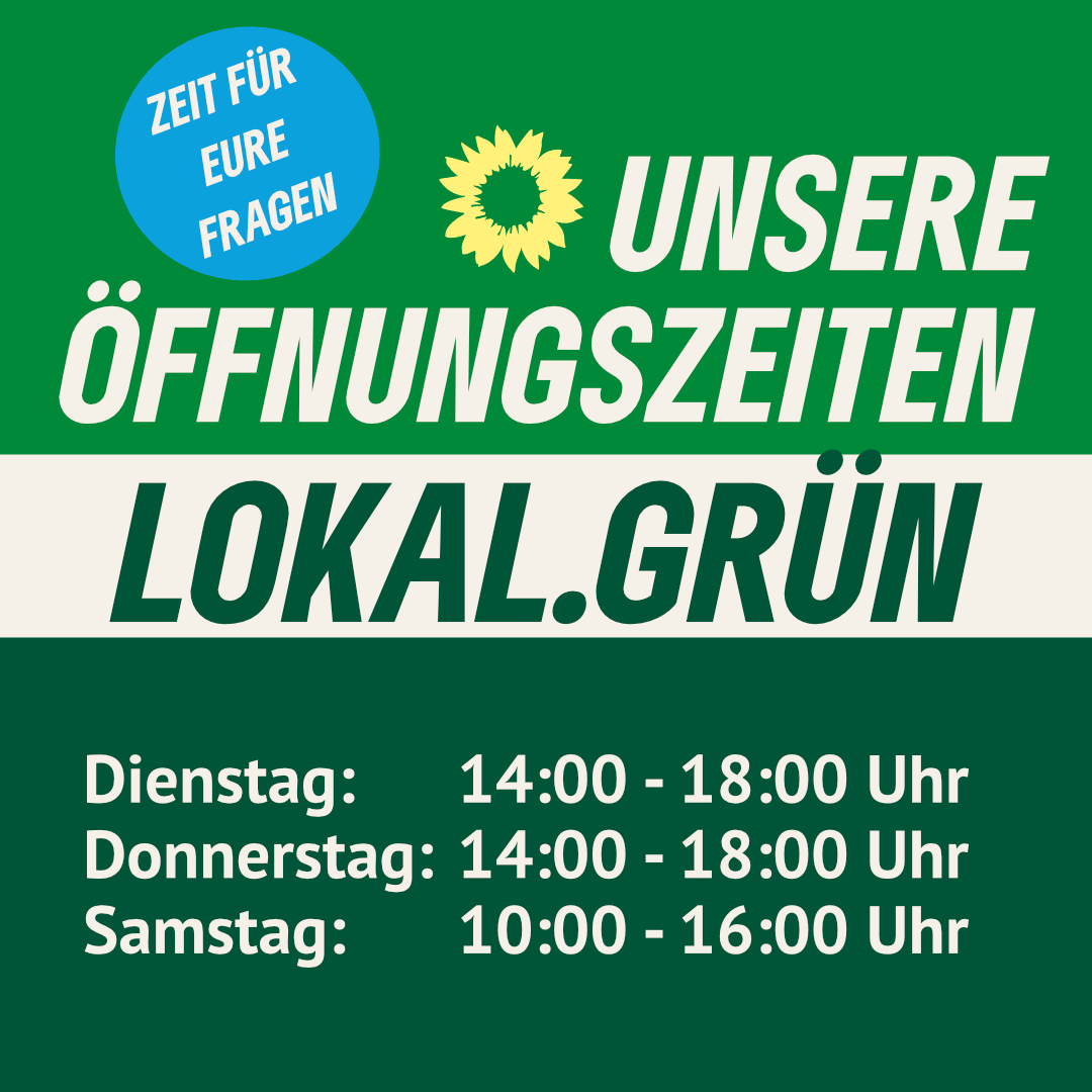 Gemeinsam gestalten wir #Potsdam! Und wer könnte dabei besser helfen als DU vor Ort? 
Hier sind unsere #Öffnungszeiten bis Mai für unser lokal grün:

Dienstag: 14:00 - 18:00 Uhr
Donnerstag: 14:00 - 18:00 Uhr
Samstag: 10:00 - 16:00 Uhr
#machenwaszählt #duhastdiewahl #grünezukunft