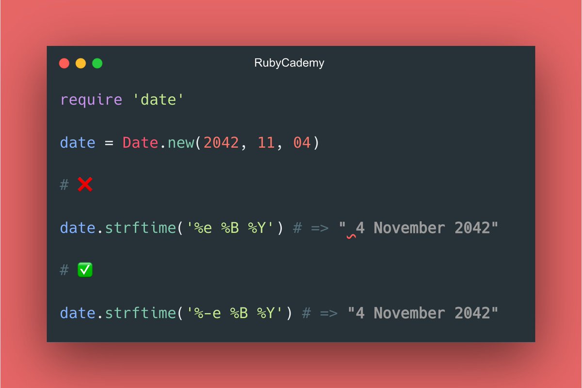 ✨ RUBY TIPS ✨ Use the '-' modifier in strftime to remove any leading whitespace when dealing with single-digit days ✨💫 #ruby #rubyonrails