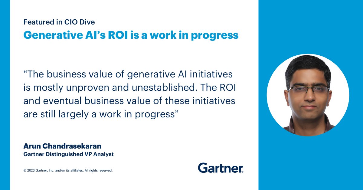 According to Gartner analyst @AnalystArun, there’s still a lot of progress that needs to be made around #GenAI technologies to eventually see the value of it. @wilkinsonLmedia of @CIOdive shares more of Chandrasekaran's insights. Read more now: bit.ly/3VU6EeE #GartnerIT