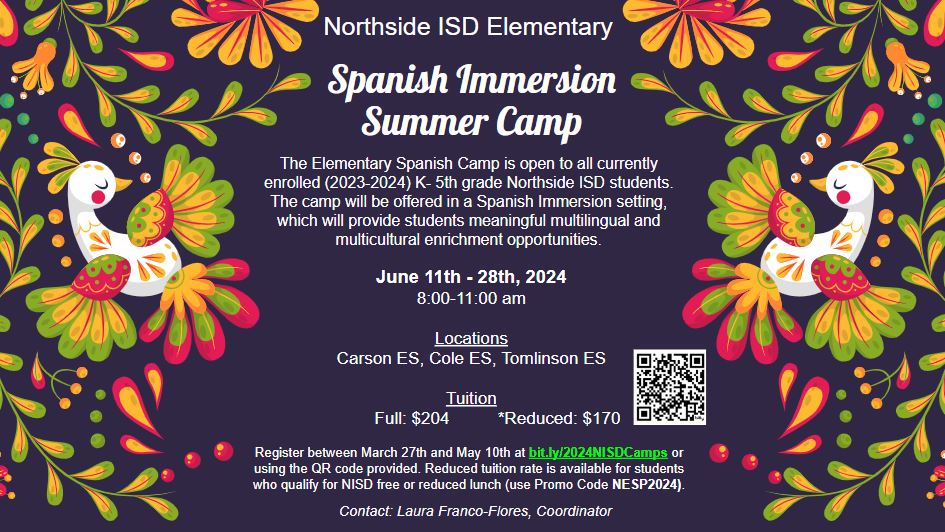 Registration for our @NISD Spanish Immersion camp is now open! Register here➡️bit.ly/2024NISDCamps to join us at one of our camp locations @NISDTomlinson, @NISDCole , or @NISDCarson. @NisdBILESL