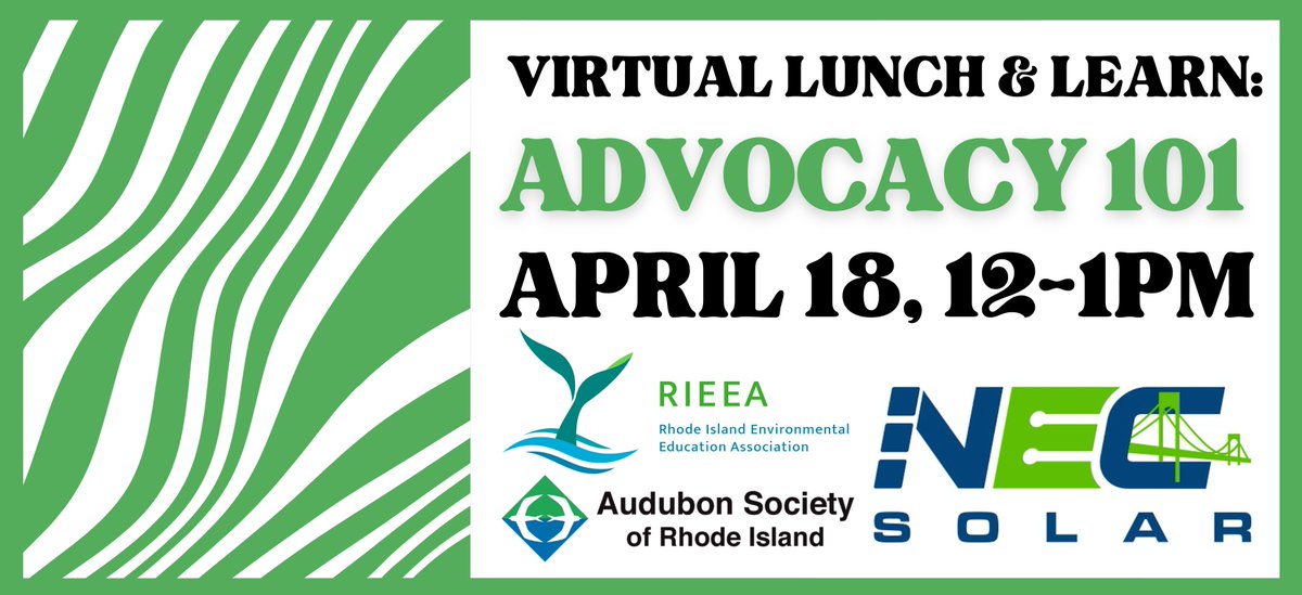 'Virtual Lunch & Learn: Advocacy 101' is happening this Thursday! Join RIEEA for a free, invigorating conversation about strategic organizing with Phoenix Wheeler, Director of Advocacy for @RIAudubon!🌱 REGISTER HERE: rieea.org/advocacy101-ap…