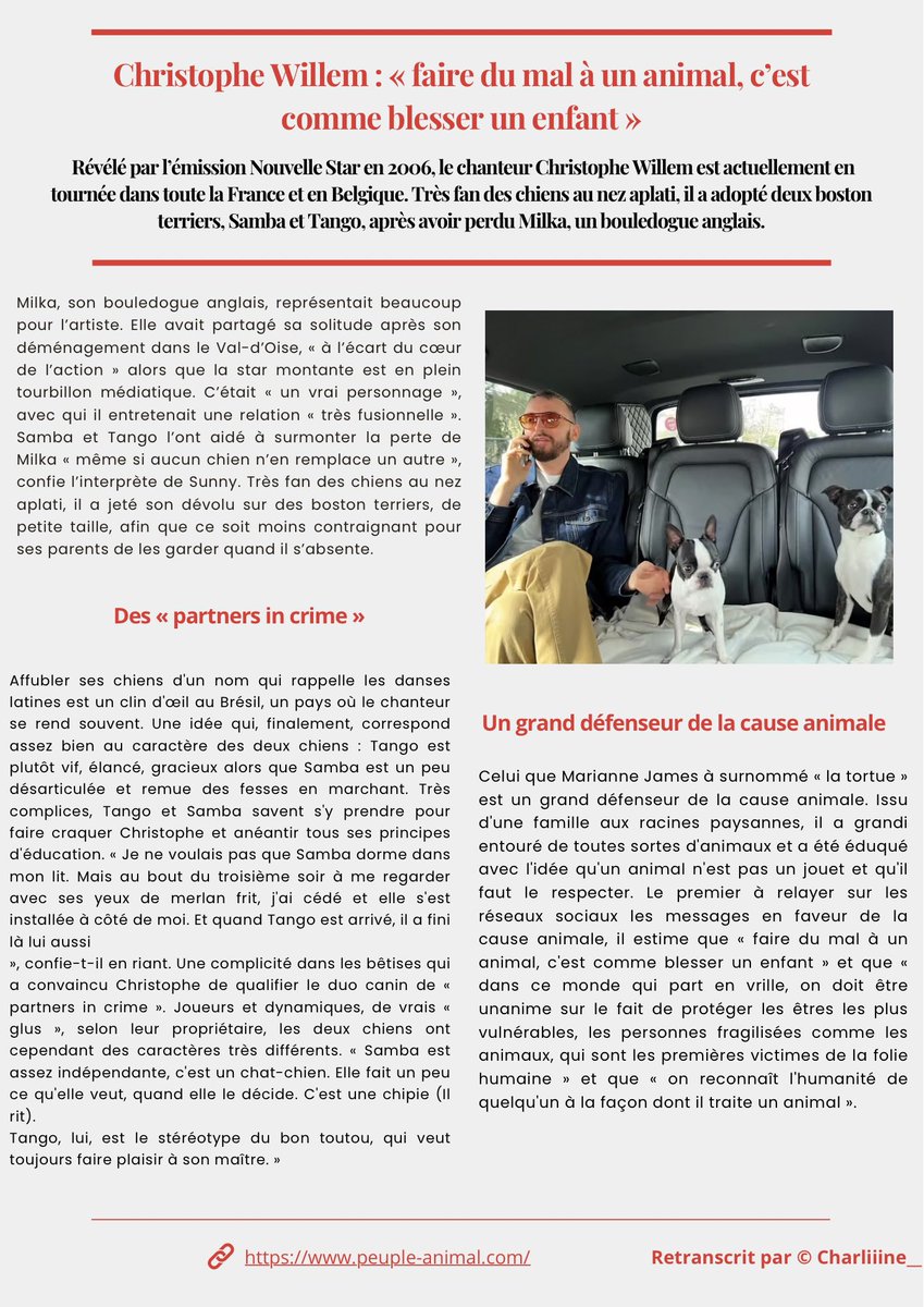 𝗖𝗵𝗿𝗶𝘀𝘁𝗼𝗽𝗵𝗲 𝗪𝗶𝗹𝗹𝗲𝗺 : « 𝗳𝗮𝗶𝗿𝗲 𝗱𝘂 𝗺𝗮𝗹 𝗮̀ 𝘂𝗻 𝗮𝗻𝗶𝗺𝗮𝗹, 𝗰’𝗲𝘀𝘁 𝗰𝗼𝗺𝗺𝗲 𝗯𝗹𝗲𝘀𝘀𝗲𝗿 𝘂𝗻 𝗲𝗻𝗳𝗮𝗻𝘁  »
<a href="/cwillem/">Christophe Willem</a> 
🔗 peuple-animal.com/christophe-wil…  Article retranscrit 👇🏻