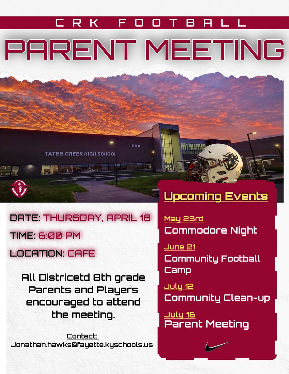 The next parent meeting will be Thursday, April 18th at 6:00 PM in the Cafeteria. All Districted 8th grade Parents and Players are encouraged to attend this meeting! 
•
#GrindsetMentality #PTC24