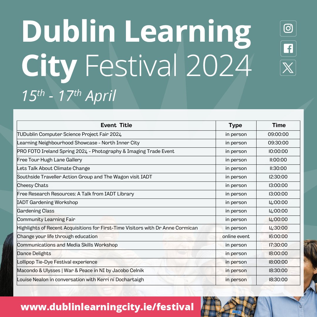 DubLearningCity's tweet photo. Check out all our events scheduled for today, Tuesday 16 April!
#DLCFestival2024 #FÉILECFBÁC2024 #MyLearningCity #DublinLearningCity #DublinMyLearningCity #LifeLongLearning #Festival #DublinisLearning #LearningForWork #LearningForLife #LearningForFun #ForEveryOne https://t.co/yQ9OrnHBkn