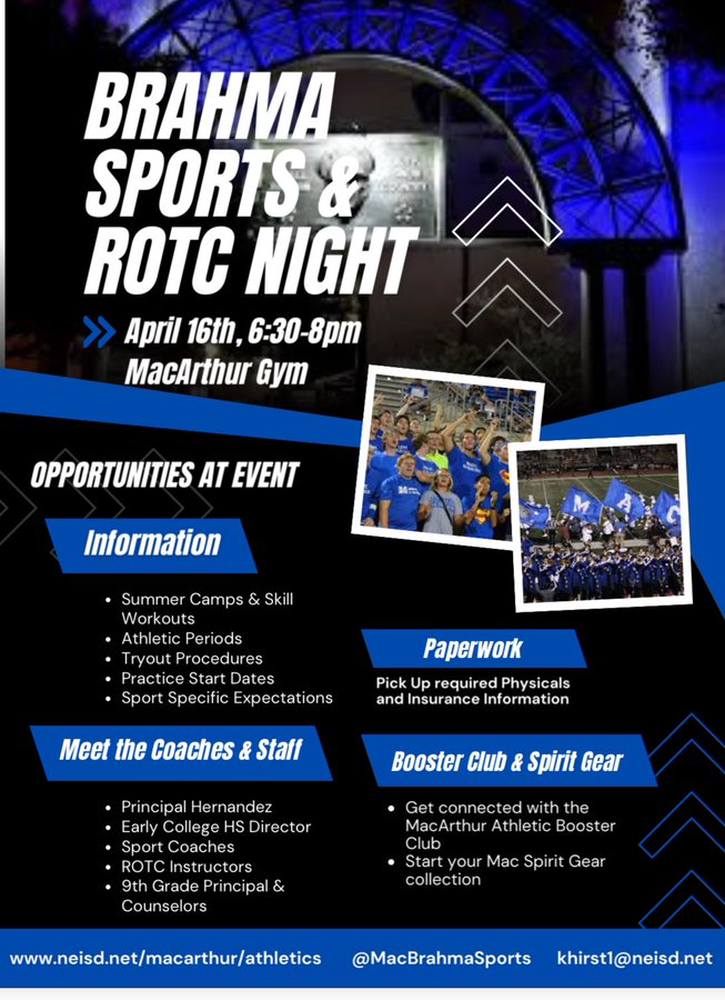 Stop by our booth to register, pay or turn in your physical packet tomorrow! Applications to be a student trainer will also be available! @MacBrahmaSports @RealBrahmaPride @NeisdAthletics @NEISD @PrincipalHDZ