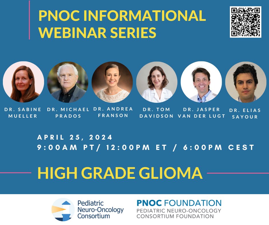 Join us on April 25 at 9:00 AM PT / 12:00 PM ET / 6:00 PM CEST to hear the latest pediatric #HighGradeGlioma research and clinical trial updates from @PNOC_kids's expert scientific panel. Register: us02web.zoom.us/webinar/regist…