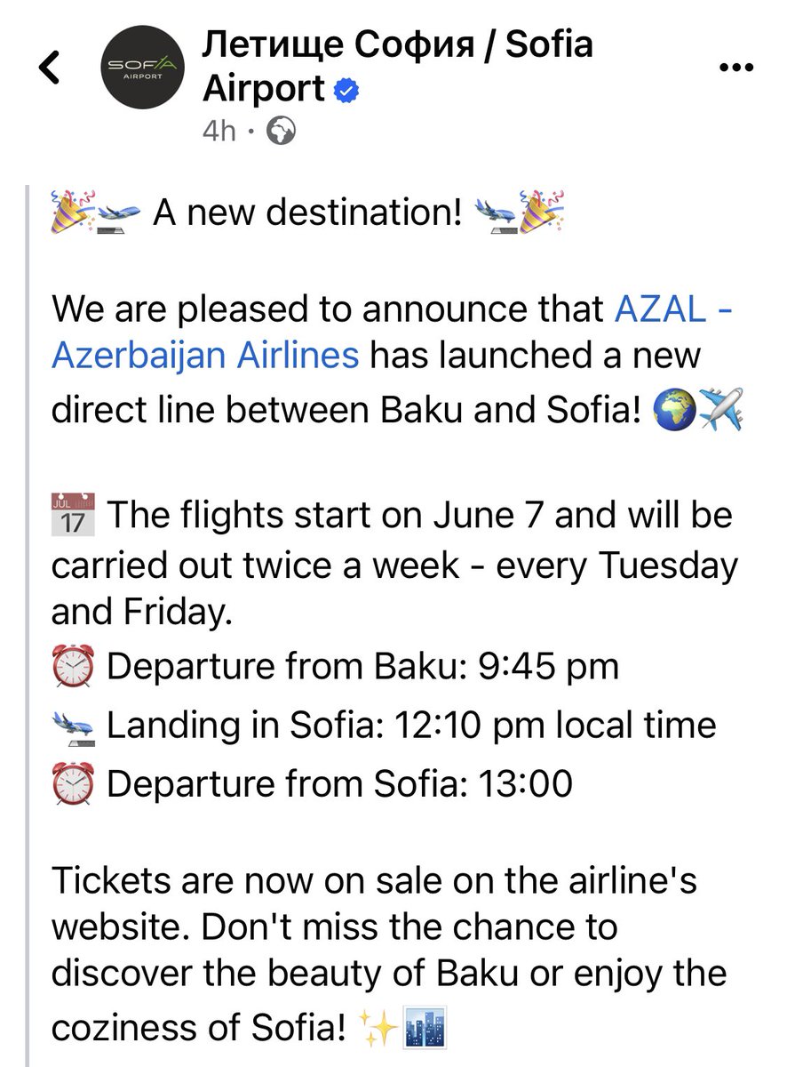 AzEmbBulgaria's tweet image. ✈️ @azalofficial - Azerbaijan Airlines introduces a new route connecting Baku and Sofia! Starting from June 7, 2024 fly twice a week for an unforgettable journey. Book your tickets now and explore the charms of Baku and Sofia! ✨ 

#Travel #NewDestination