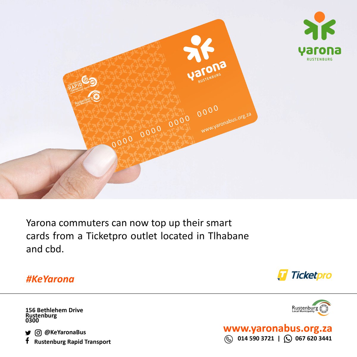 KeYaronaBus's tweet photo. Yarona Commuters can now top up their SmartCards from TicketPro outlets located in Tlhabane and CBD

#KeYarona https://t.co/4jN11iH2VS