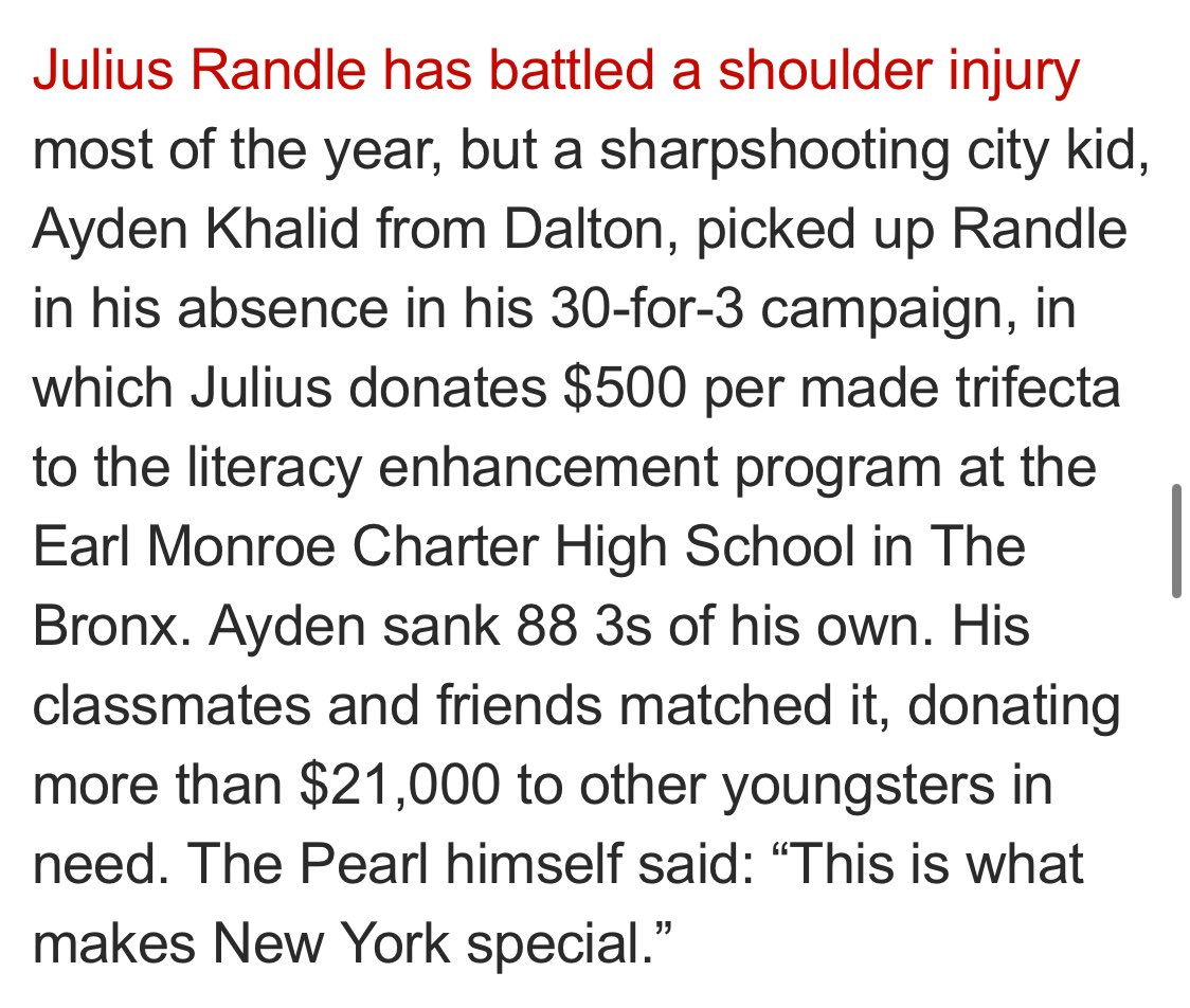 Teamwork for literacy enhancement! 

Thank you @MikeVacc for mentioning #juliusrandle’s “30 for 3” challenge in yesterday’s @nypost. 

nypost.com/2024/04/13/spo…