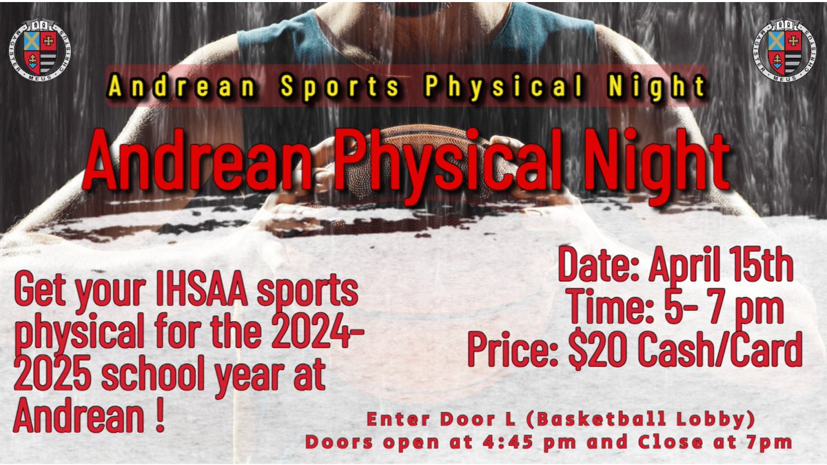 Tonight is the night! Get your IHSAA Physical for the 24-25 school year at Andrean tonight. Enter Door L. Only $20. We accept Cash/Card/Apple pay!