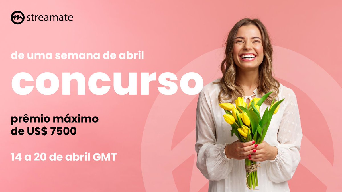 StreamateBrazil's tweet image. Mergulhe na emoção com o nosso concurso de uma semana em abril!🎉 📅 14 a 20 de abril GMT: todos os dias contam para a classificação! 1000 vencedores e uma chance de ganhar o prêmio principal de US$ 7500! 💰💥 #AprilContest #WinBig #TopPrize7500