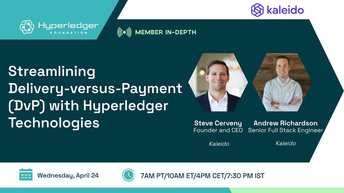 lfdecentralized's tweet photo. Register now for our next member in-depth webinar on April 24th, 10-11 AM, with @Kaleido_io streamlining Delivery-versus-Payment (DvP) with #HyperledgerFirefly #HyperledgerFabric @HyperledgerBesu
π Register now: https://t.co/UzK6bHDqAN https://t.co/NPla91nvaV