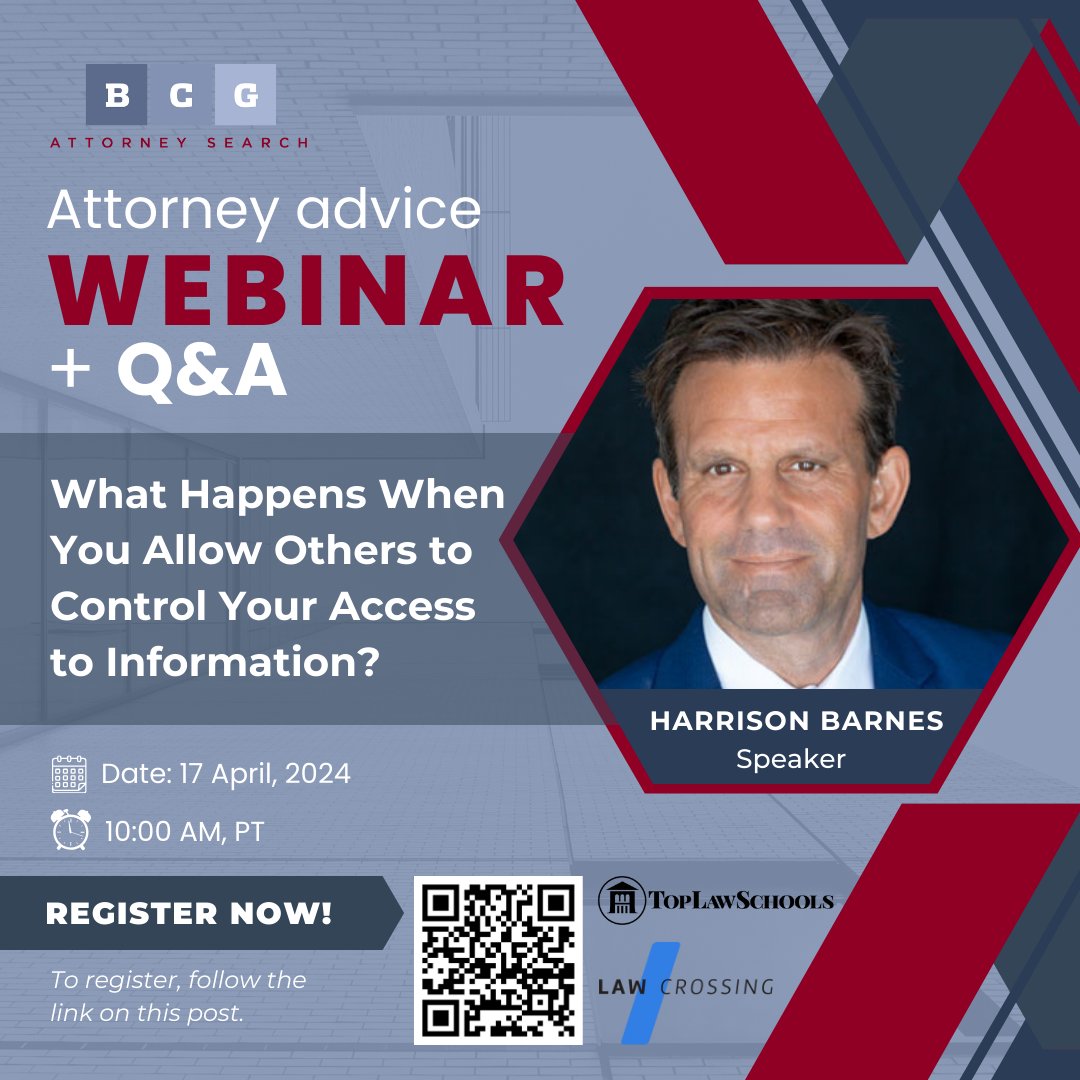 Join us for a thought-provoking webinar on information control in the legal profession with Harrison Barnes. Learn strategies to maintain autonomy and make informed decisions in your legal career.  Register now! i.mtr.cool/odijftgzcp #LegalWebinar #InformationControl