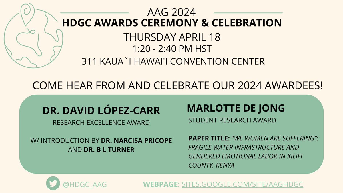 Come join our #HDGC_AAG Awards Ceremony &amp; Celebration this #AAG2024! 

This year we celebrate the accomplishments of Dr. David Lopez-Carr, recipient of the Research Excellence Award, and Marlotte De Jong, recipient of the Student Research Award. 

Celebration details here: