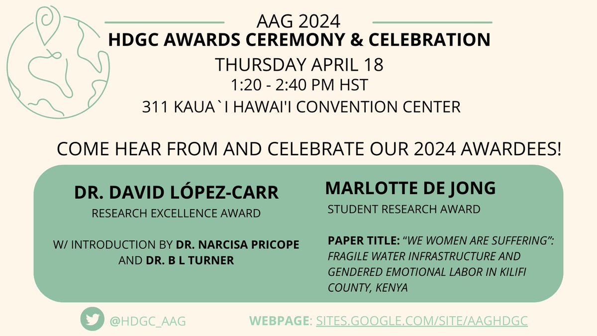 Come join our #HDGC_AAG Awards Ceremony & Celebration this #AAG2024! 

This year we celebrate the accomplishments of Dr. David Lopez-Carr, recipient of the Research Excellence Award, and Marlotte De Jong, recipient of the Student Research Award. 

Celebration details here: