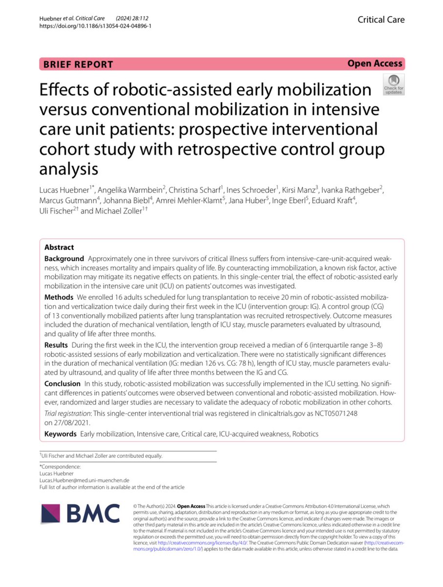 La Movilización Temprana de pacientes en UCI con un Robot Mamador (VeMotion) NO fue más efectiva que la convencional (por fisioterapeuta) ❌ Fueron 16 pacientes de trasplante pulmonar y en retrospectiva: ccforum.biomedcentral.com/counter/pdf/10… #CriticalCare #UCIRehab @luis_guerrero1