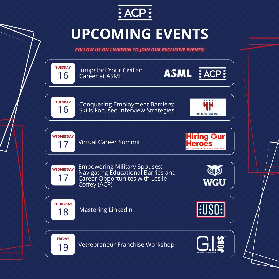 So many great events coming up this week for the #militarycommunity! Check out our LinkedIn post for the links to register so you don't miss out! Register here: loom.ly/SQS7lOg #opportunity #veterans #events