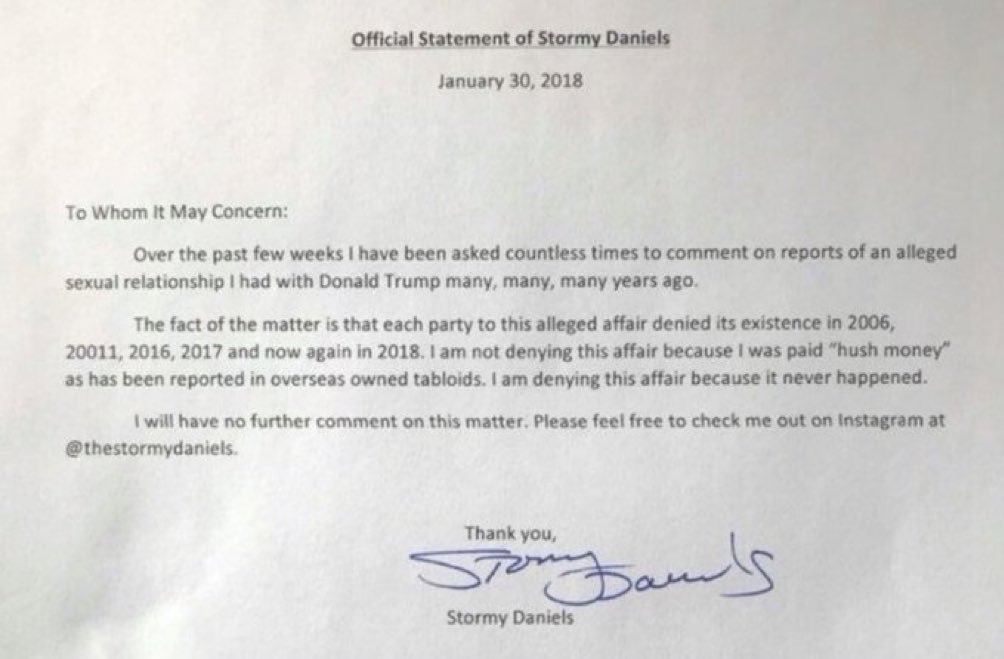 Stormy Daniels has claimed that she was under pressure when she wrote this letter in 2018 denying any sexual encounter with Trump. If you believe she’s lying, simply like and share this post.