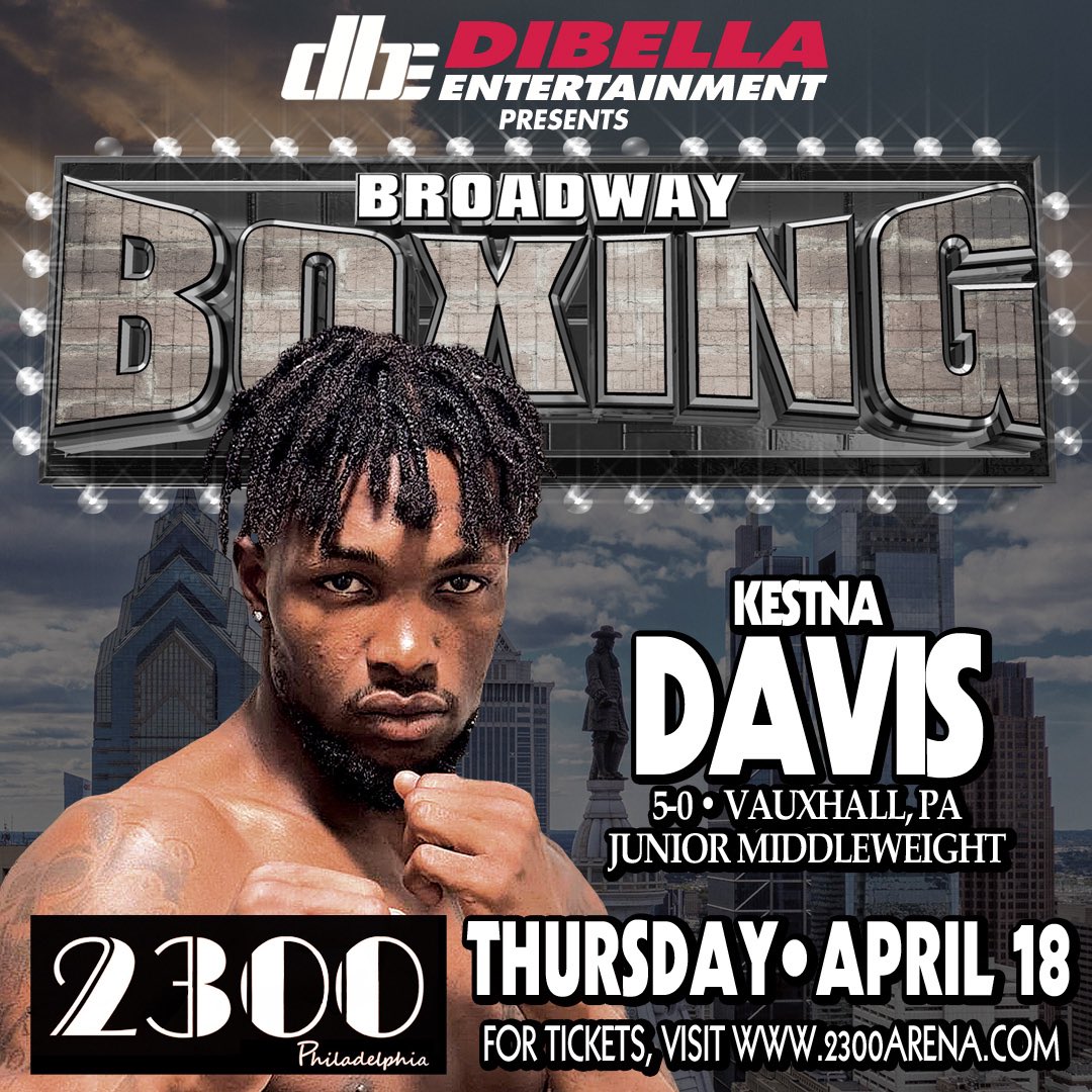 Lennox Lewis protege, undefeated junior middleweight Kestna Davis is back in action this Thursday, April 18, in Philadelphia. Come see Kestna with @LennoxLewis ringside at the @2300Arena as part of @DiBellaEnt’s #BroadwayBoxing. Tickets: 2300arena.showare.com/orderticketsve…