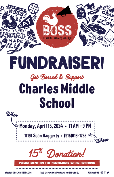 H. E. Charles Parents & Community! BOSS Fundraiser for H. E. Charles-Monday-April 15th from 11 a.m.-9 p.m. 11191 Sean Haggerty-Mention H. E. Charles fundraiser when ordering! @CharlesChargers @EPISD_FamilyEng @ELPASO_ISD @AHSGoldenEagles @DrJosephTorres @BarronEPISD