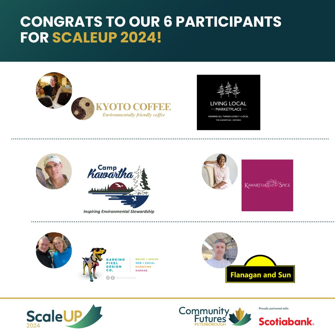 Thrilled to announce the 6 standout participants joining our #2024ScaleUP program. In collaboration with @scotiabank, this journey will redefine sustainable business growth. @kyotoroaster @CampKawartha @BarkingPixelCa @flanaganandsun #Scotiabank Proudly funded by @FedDevOntario.