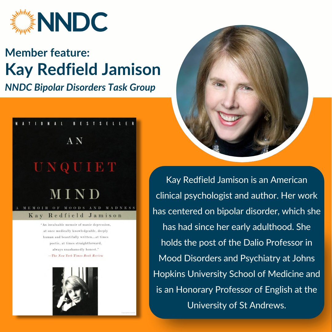 Did you know that NNDC member Dr. Jamison is the author of the national bestseller 'An Unquiet Mind: A memoir of Moods and Madness'?

Dr. Jamison has aided the cause to end the negative stigma circulating bipolar disorder and mental illness.👏