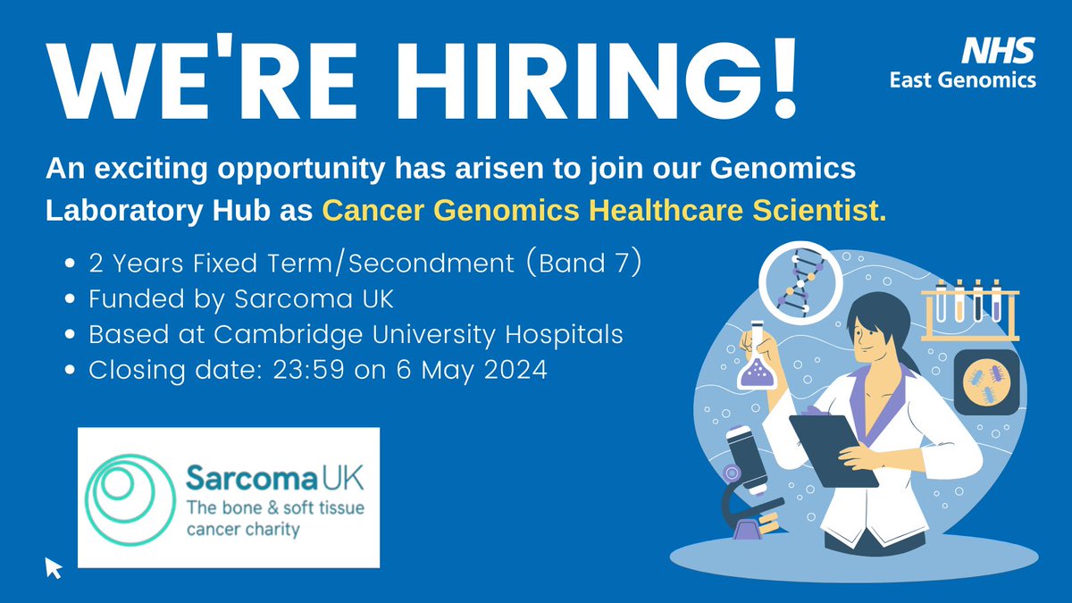 An exciting opportunity has arisen within our cancer team @CUH_NHS for an enthusiastic Clinical Scientist, Biomedical Scientist or Research Scientist to perform a clinically transformative project funded by @Sarcoma_UK. More 👉bit.ly/3W06YIR #Genomics #Cancer #Research