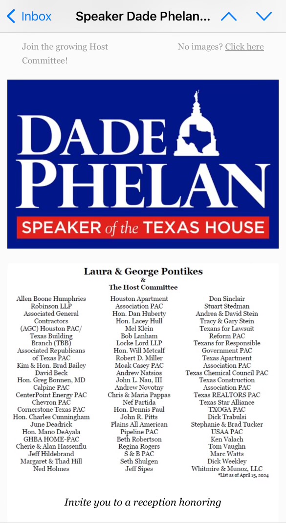 Big list of Uniparty cronies hosting fundraiser for @DadePhelan in Houston on May 9, including @lawsuitreform and @ARTxPAC. These are the people who want Democrats to hold chairs in the #TxLege House.
