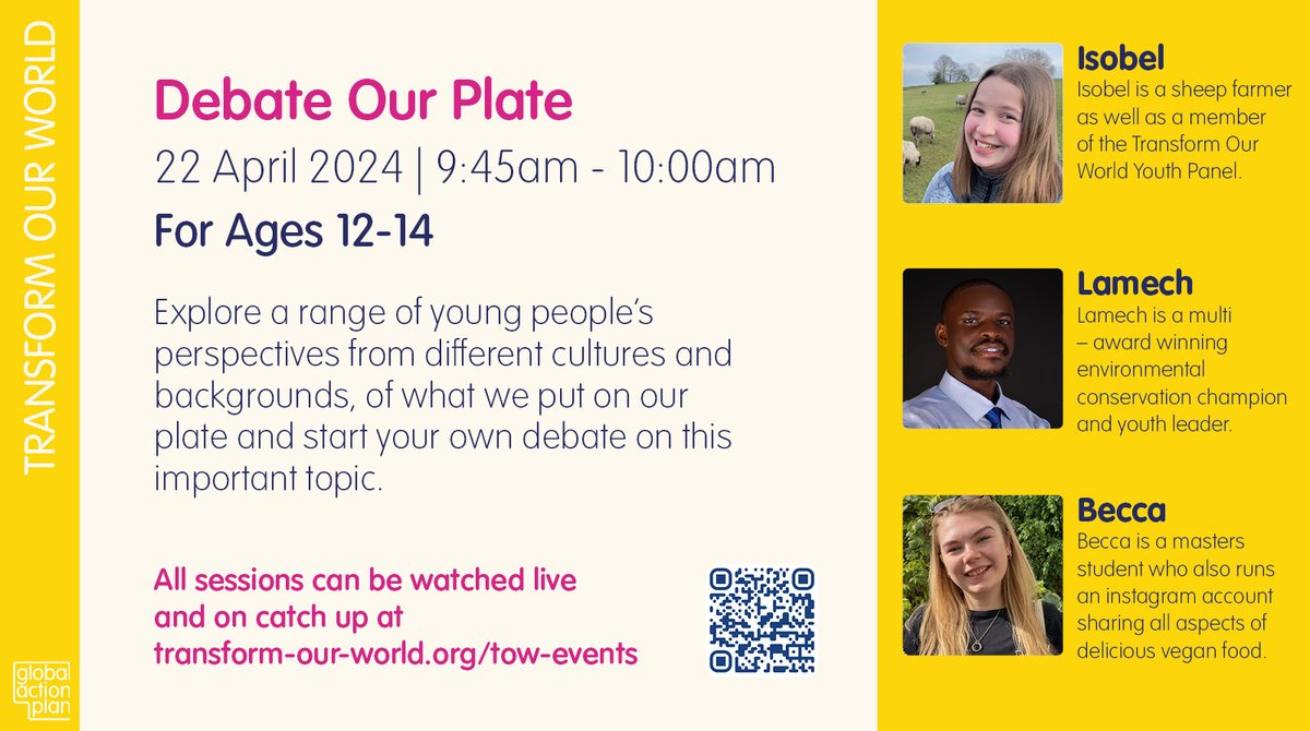 Join this #TOWYouthSummit session to Debate Our Plate! Isobel Smith and @LamechLamarch25 will be looking at the environmental cost of our food. 🗓️ Mon 22 Apr – Earth Day 🕑 09.45-10.00 📢 12-14 years old Add it to your calendar now: transform-our-world.org/tow-events #iwillFund