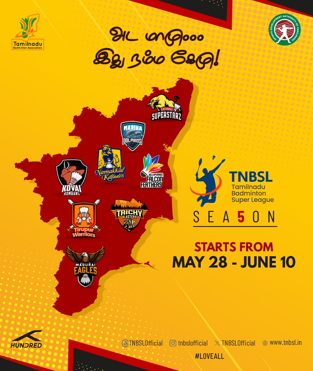 TNBSLOfficial's tweet photo. Mark your calendars! 🗓️ TNBSL Season 5 is officially scheduled to take place from May 28 to June 10, 2024. Get ready for two weeks of non-stop badminton action! 🏸 #TNBSL #ThalapathyVijay𓃵 #RCBvsSRH #ViratKohli𓃵 https://t.co/umss26wQBC