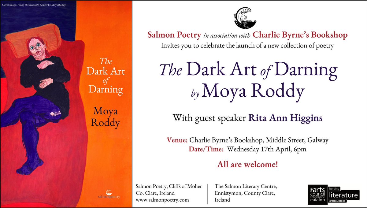 Please join us this Wednesday 17th April at 6pm for the launch of 'The Dark Art Of Darning' which is Moya Roddy's second poetry collection! The book is published by Salmon Press, the guest speaker is Rita Ann Higgins and all are welcome ! #charliebyrnesbookshop