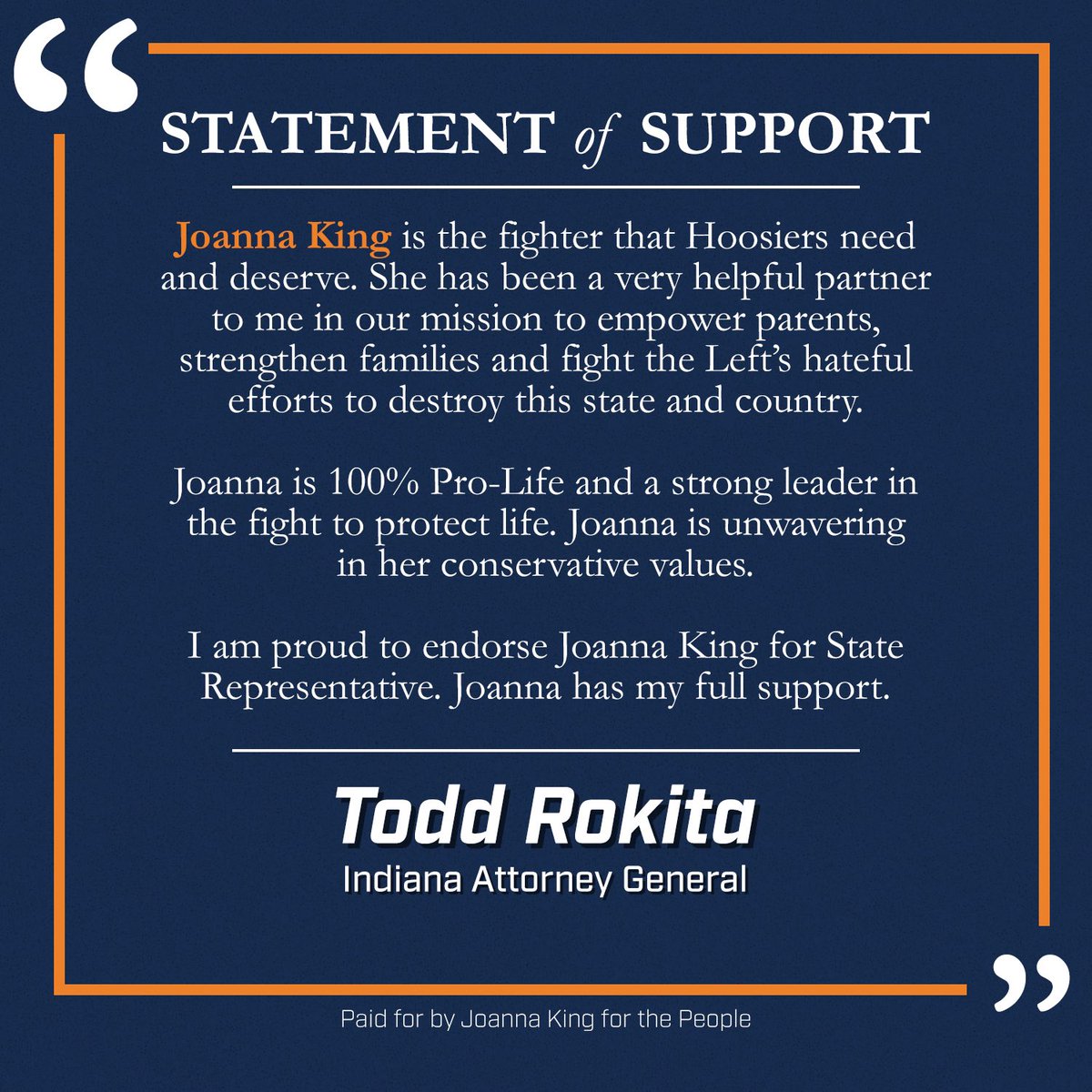 I have worked on many LIFE bills and have always worked with @AGToddRokita to insure the constitutionality of each bill. There is no greater defender of LIFE than our AG. I am humbled by this endorsement. #LifeWins