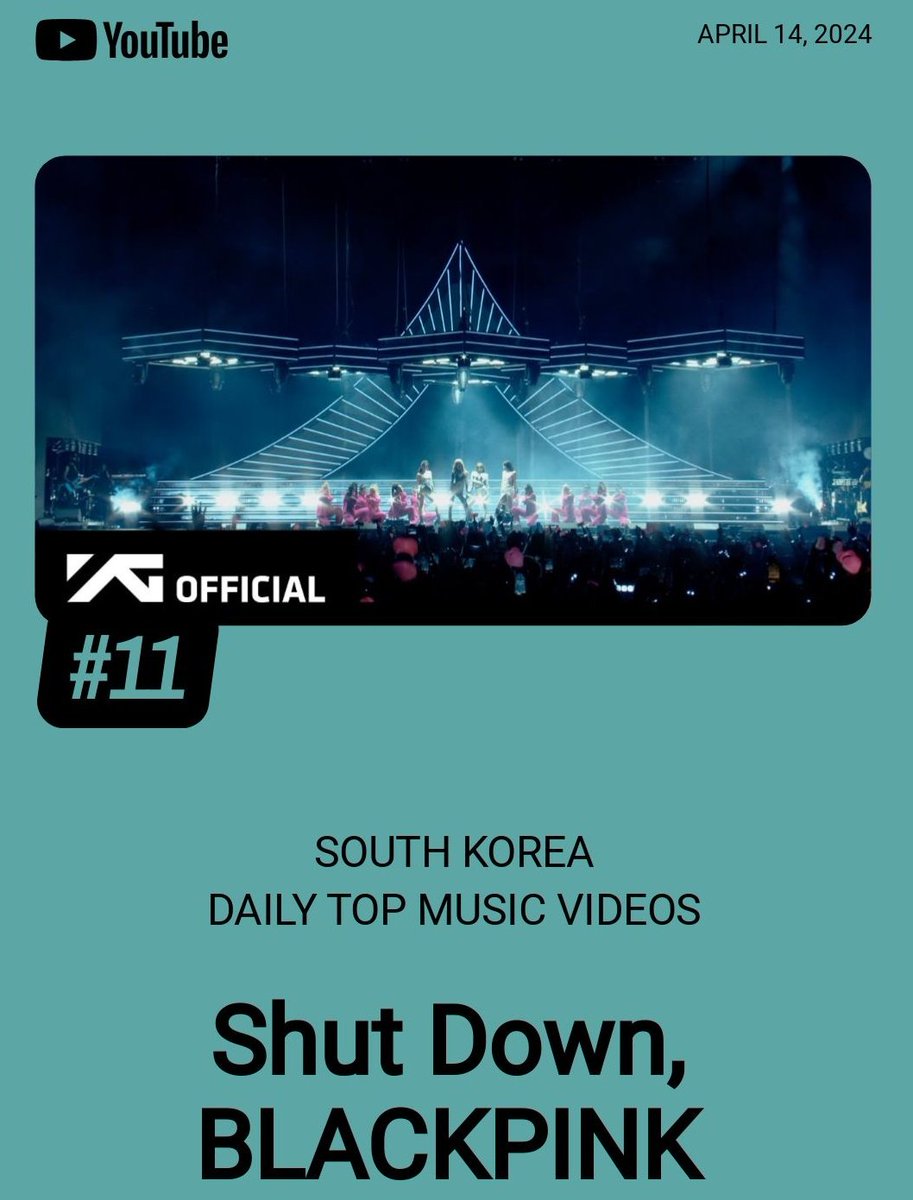 #BLACKPINK's “Shut Down” Live at Coachella 2023 debuts at #11 on YouTube South Korea Daily Top Music Videos chart! 🇰🇷