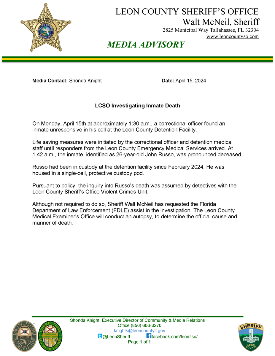 LCSO Investigating Inmate Death