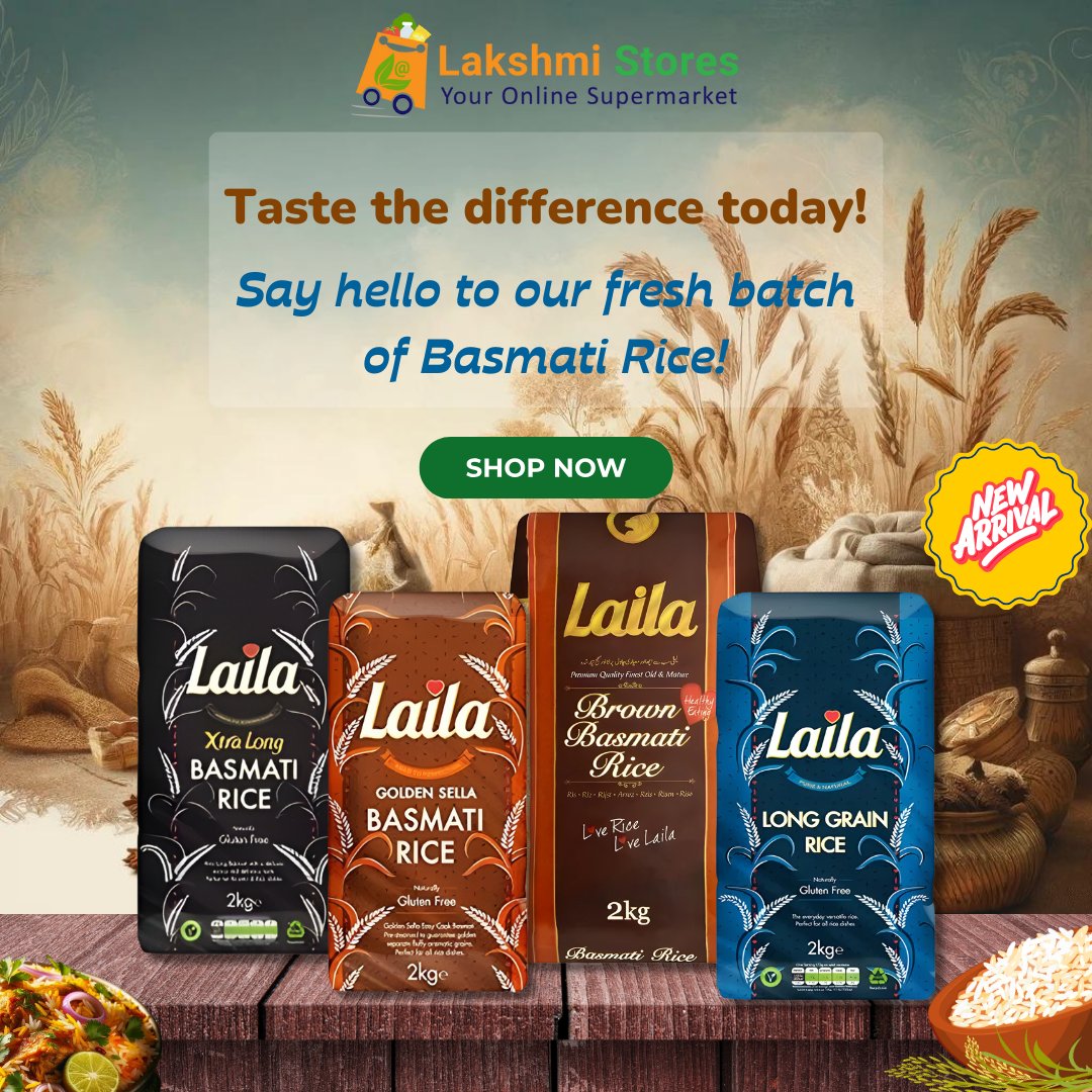 🌾 Discover the finest Basmati Rice at Lakshmi Stores! Taste the difference today with our fresh batch of Laila Long Basmati Rice! PlaceYourOrderNow:lakshmistores.com #goldensellabasmatirice#xtralongbasmatirice#longgrainrice#brownbasmatirice