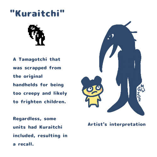 Had an idea for a Tamagotchi creepypasta. A Tamapasta, if you will. Meet Kuraitchi!

#Tamagotchi #exeoc #creepypasta