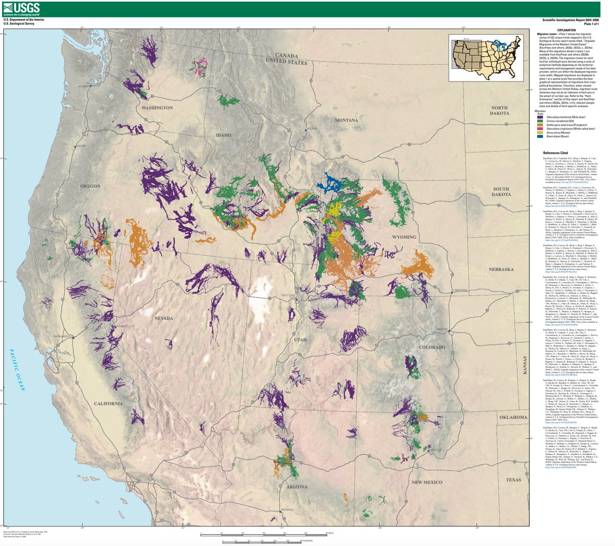 Look at all those ungulates moving across the West! New westwide map now published in Vol4 of our @USGS report. Map represents 182 herds of pronghorn, mule deer, elk, and other spp, plus a lot of work from our many State, Tribal and Federal partners. usgs.gov/news/national-…