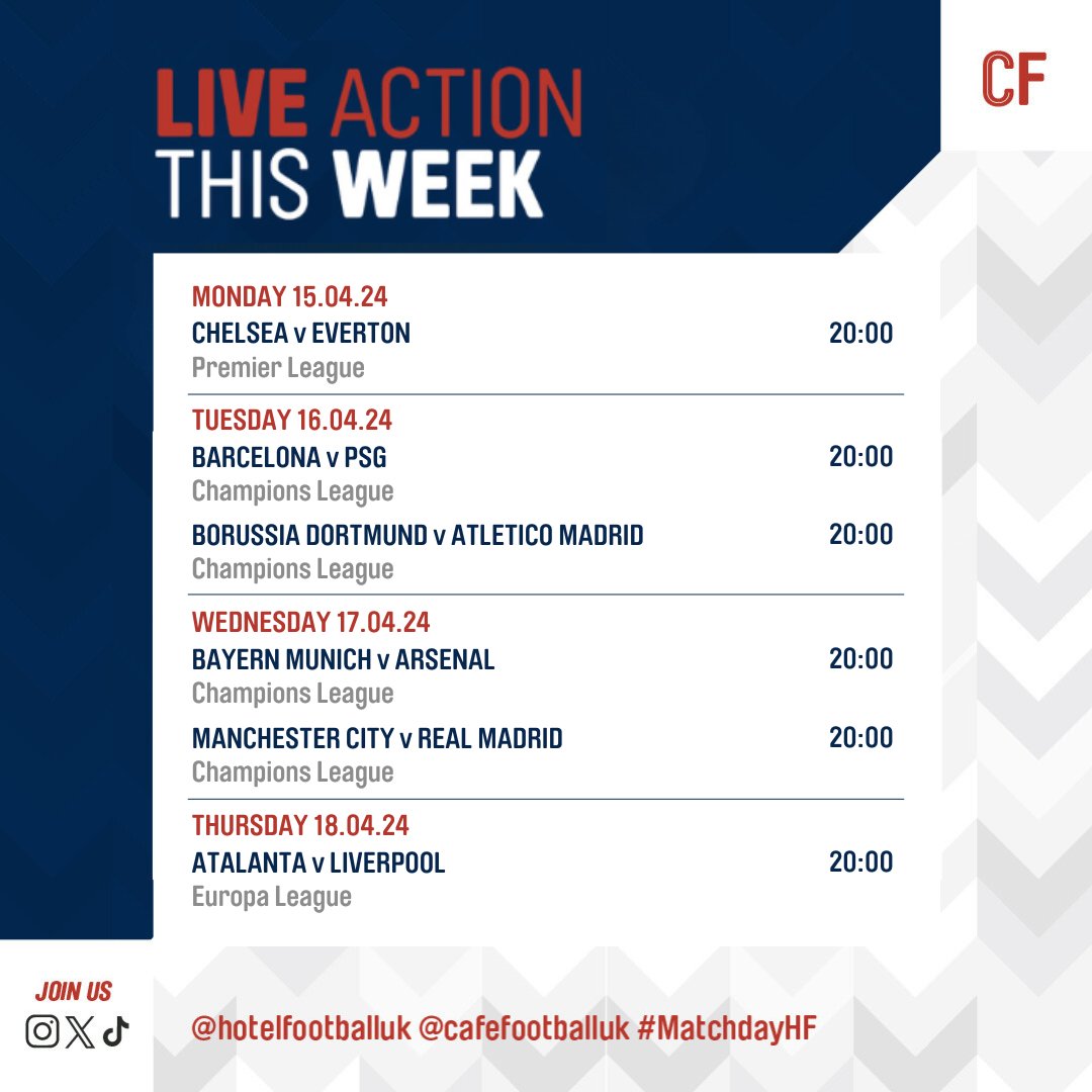 hotelfootballuk's tweet photo. A busy week ahead in football⚽😍!
The end of the season is upon us, but who will come out on top?😱
Book a table and watch the tension unfold at Cafe Football (link in bio)
#cafefootball #sport #football #footy #livesport #sportsbar #oldtrafford #manchester https://t.co/frqgFy4Kg1