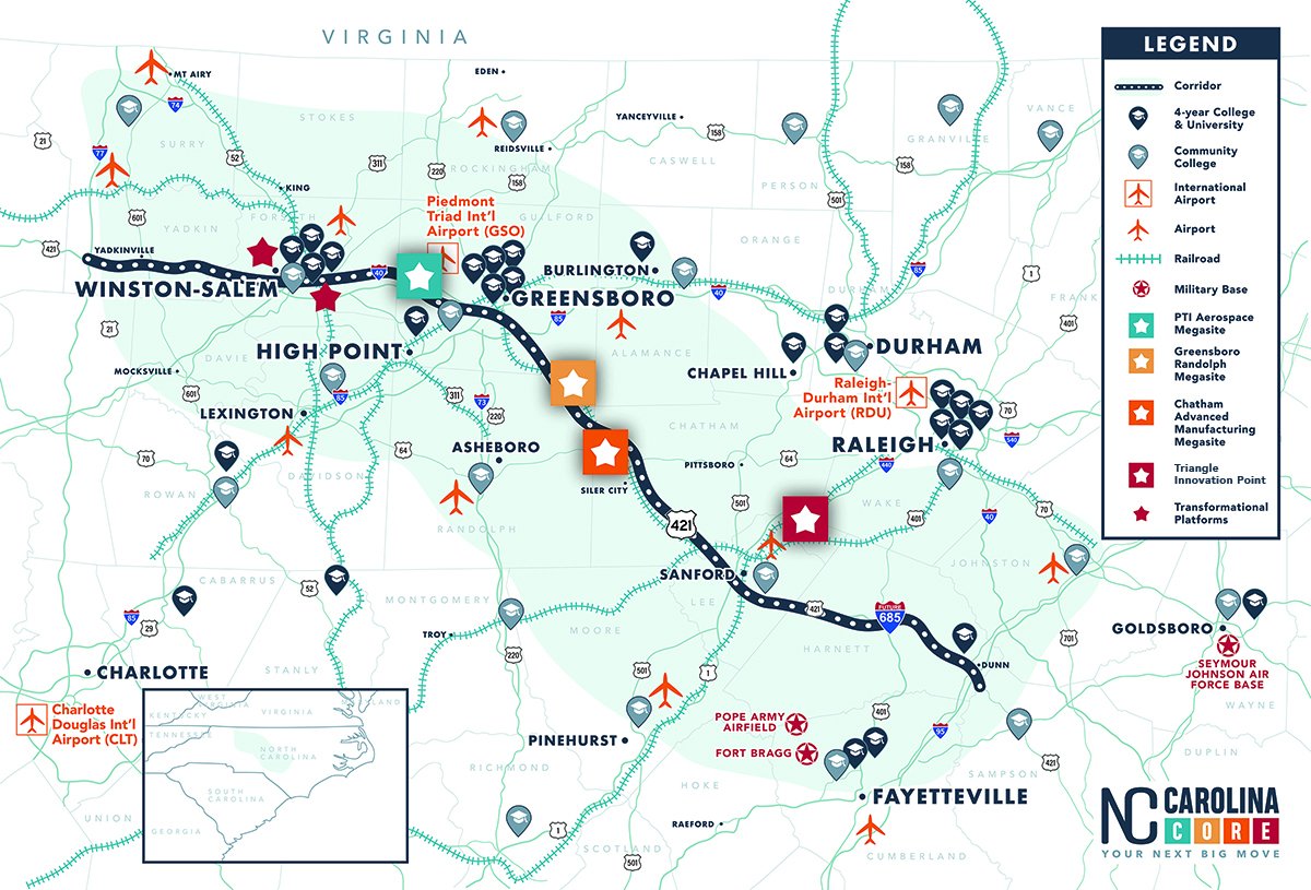 With a talent pool of 2M+ people fueled by access to 30+ colleges & universities, prime real estate for growth & an exceptionally strong business climate, the #CarolinaCore is a globally competitive market with a strategic location between Charlotte & the Research Triangle.