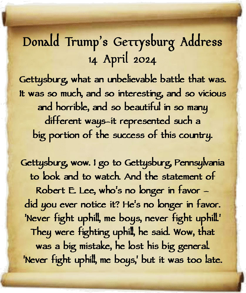 Here is the glorious speech made by the Republican nominee on the hallowed grounds of Gettysburg, Pennsylvania. Abraham Lincoln would have been horrified to know that THIS is what became of his party. Abe is rolling in his grave! Are you proud, Republicans? #Gettysburg