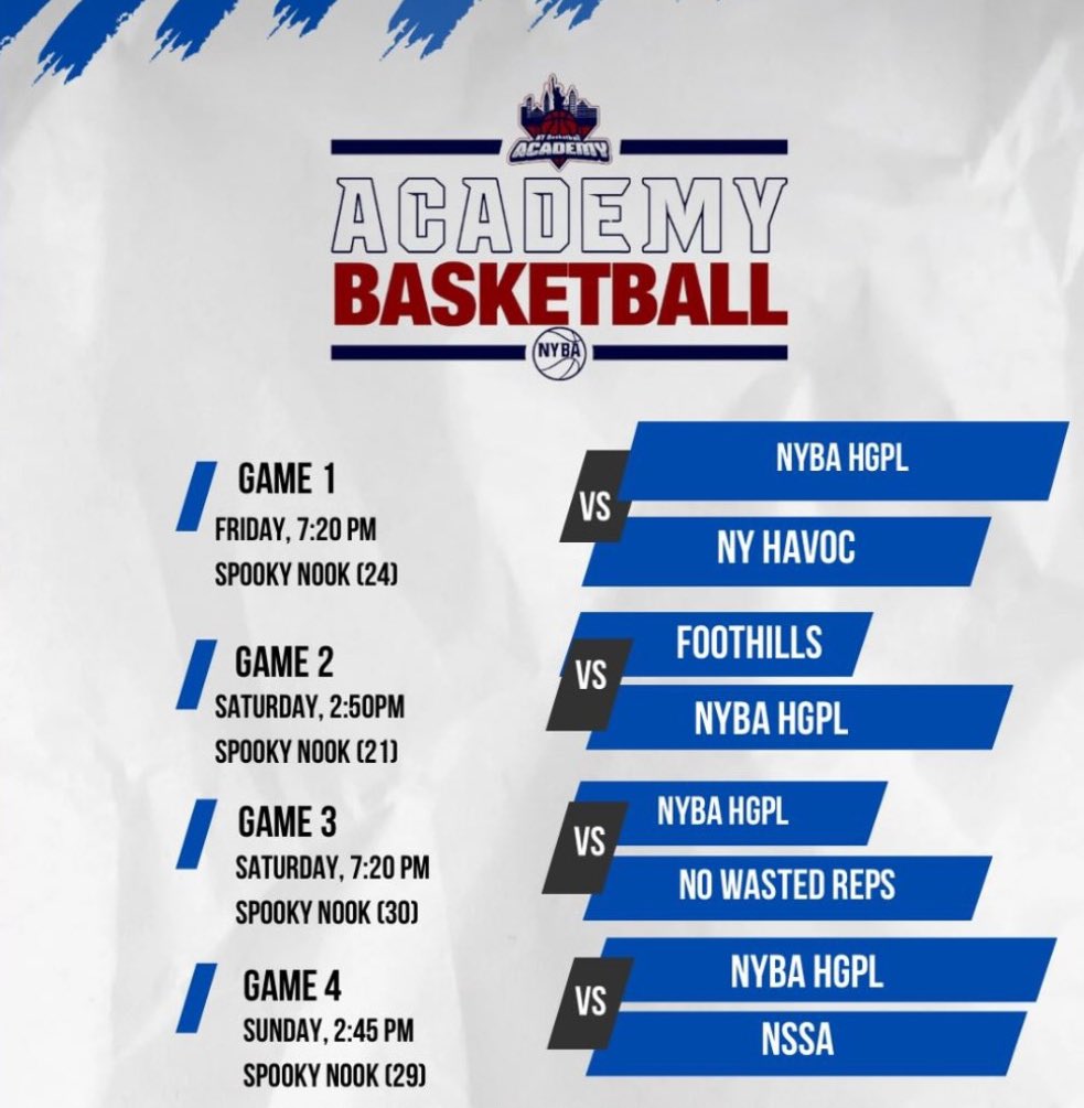 Here is my LIVE at the Nook weekend game schedule with my U17 team! <a href="/NYBBallAcademy/">New York Basketball Academy</a>