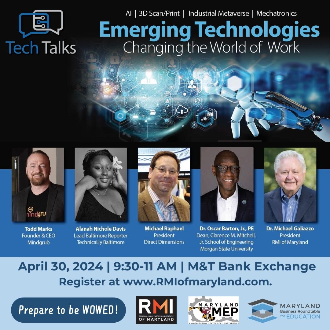 Join us and @RMIofMaryland, @MarylandMEP, and @mbrt for a #TechTalks panel on April 30th at M&T Bank Exchange. Our Founder & CEO, Michael Raphael, will be speaking about ways that #3Dscanning and #3dprinting are changing the workplace.

Register here: rmiofmaryland.com/tech-talks-tec…