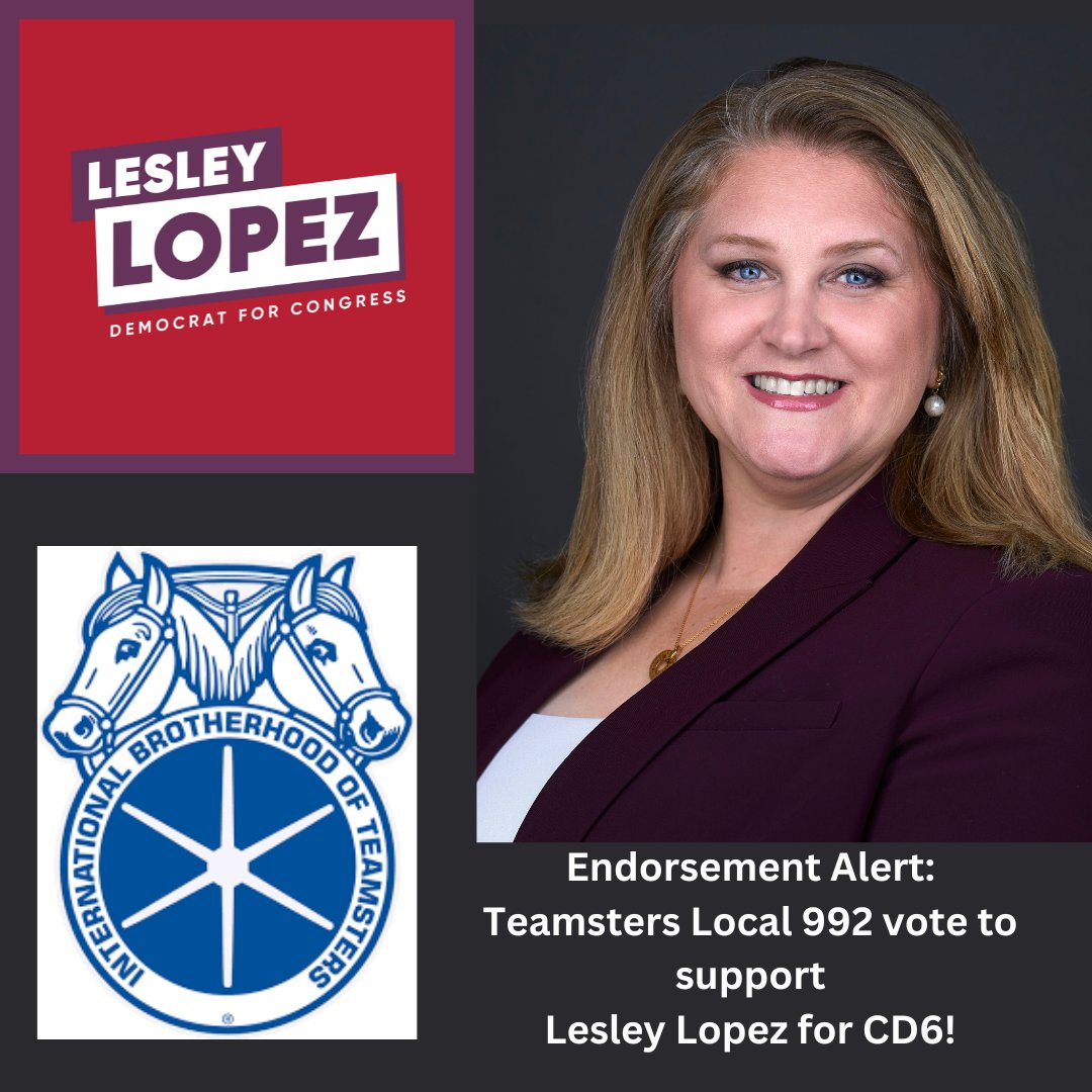 Honored to receive the endorsement of Teamsters Local 992 for Maryland's 6th Congressional District! Together, we'll fight for workers' rights, fair wages, and thriving communities. Let's make history! #TeamstersLocal992 #LesleyForMD6 #StrongerTogether #WorkersRights