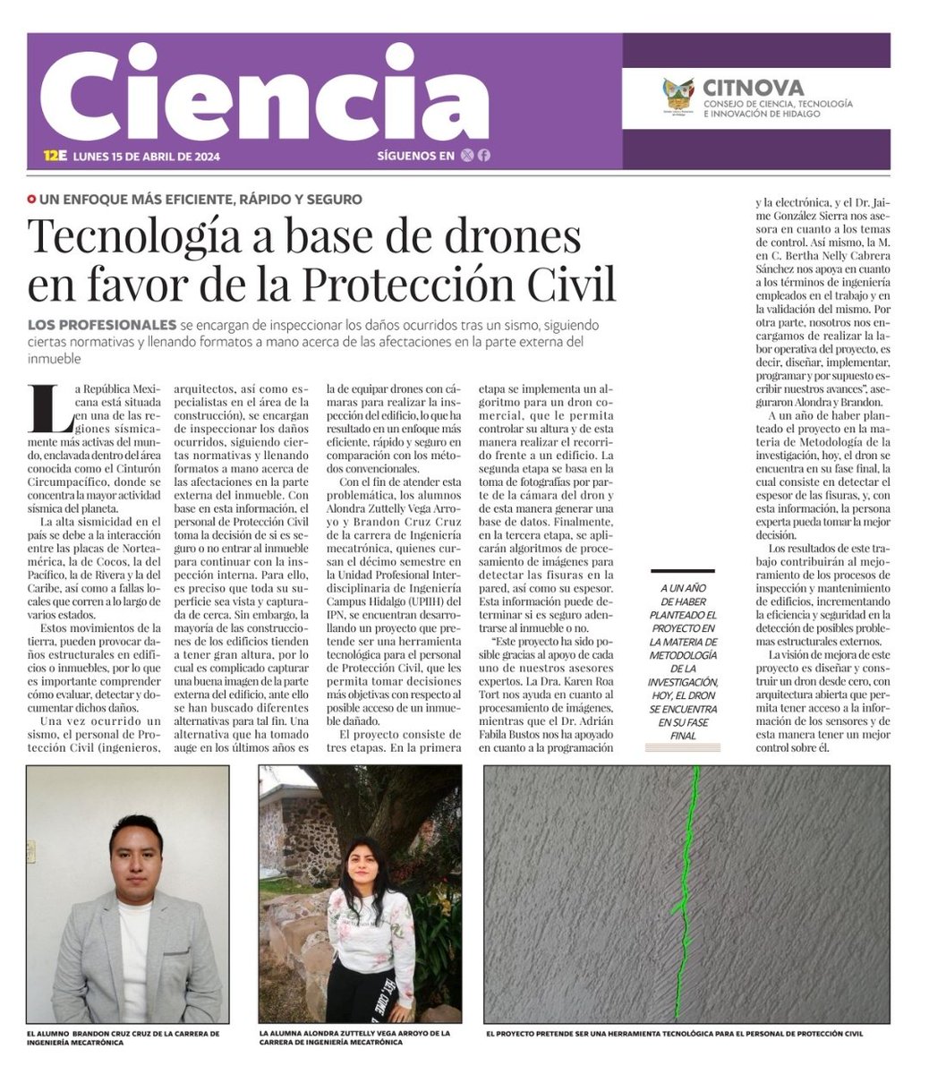 CITNOVA's tweet photo. #MásEspaciosSobreCiencia
🟢 Tecnología a base de drones en favor de la Protección Civil.
👩🏽💻Entrevista: Alondra Zuttely Vega Arroyo y Brandon Cruz Cruz, de la carrera Ingeniería mecatrónica en #UPIIH
Versión digital 📲https://t.co/DOj28UXo3E
📰Pag. 12E https://t.co/z1V3SxSg3S