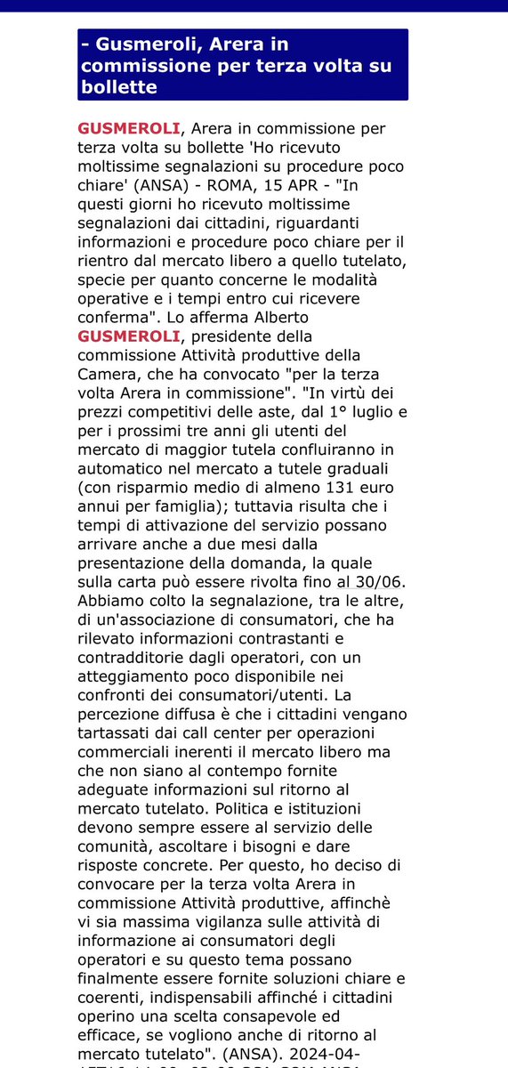 Per la terza volta convoco ARERA in Commissione … poca informazione e molte segnalazioni di non corrette informazioni sul ritorno dal mercato libero al mercato tutelato entro il 30/6 per ottenere dal 1/7 i benefici delle aste! @AlbertoBagnai @arrigoni_paolo @borghi_claudio