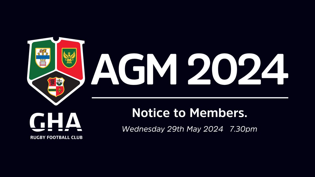 GHA AGM 2024|Notice to Members Please note that this years AGM will take place on Wednesday 29th May, 7.30pm at Braidholm. Further info and documentation will be available in due course. Please contact gordon.adams@gharugby.co.uk if you have any questions. Thank you