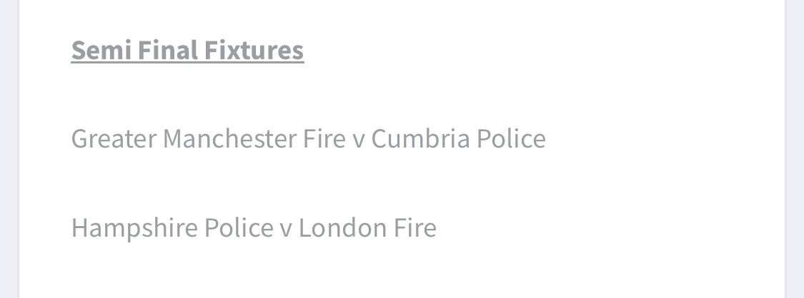 CumbriaPoliceFC's tweet photo. @ESFL20 Semi Final fixtures announced and the Cumbrians have drawn @GMFRSfc. Good luck to @LFBfootballclub and @hantspolfc in the other semi final! https://t.co/Dsuxjw3Qek