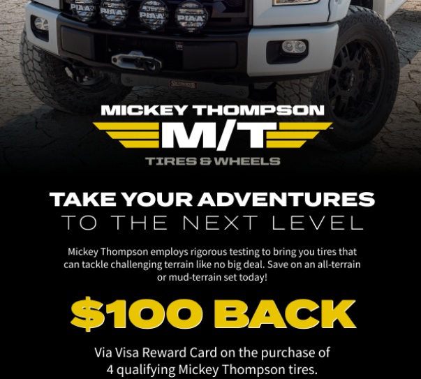 ⏰ Last chance to get $100 BACK on your new set of rugged and dependable Mickey Thompson tires before this deal rolls out! 

🔗 Shop M/T here: zurl.co/3jsl 

Rebate offer ends tonight, 4/15/24 at 11:59 PM ET.