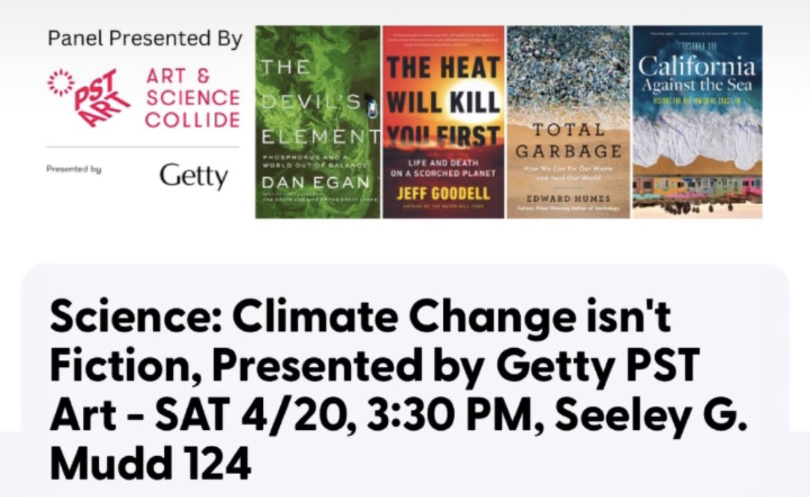 We’ve got a STACKED lineup for the climate nonfiction panel this year at the L.A. Times Festival of Books! Join me, @jeffgoodell @edwardhumes @danpatrickegan in conversation with @Sammy_Roth ✨ Reserve your spot here for the 3:30pm panel on Saturday 4/20: tixr.com/groups/latimes…